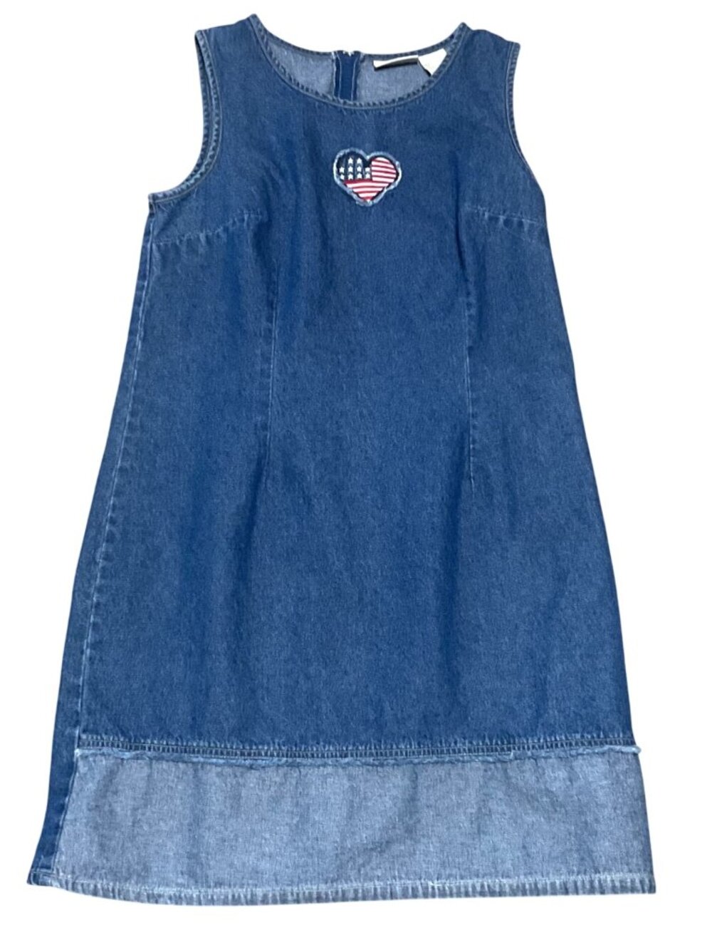 Vtg Expressions Denim Sleeveless Dress USA Flag Heart Patch Sz M 100% Cotton